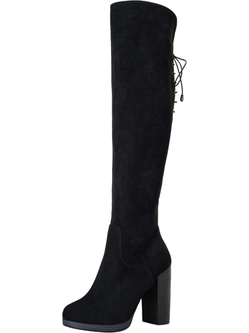 Women Black Suede Block Heel Round Toe Faux Suede Over The Knee Thigh High Boots